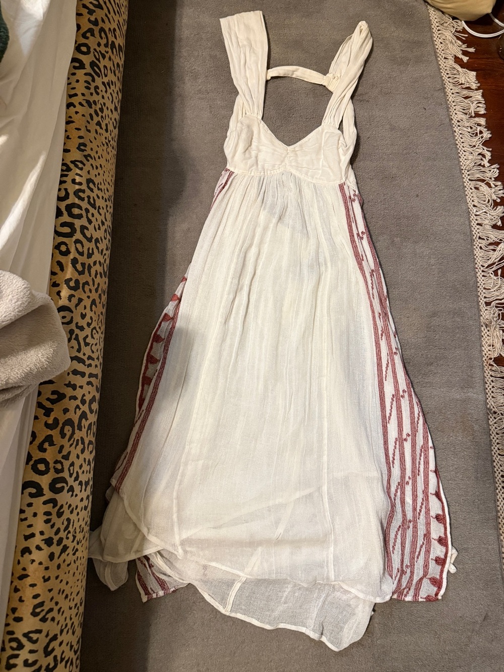 New Romantics Cream Boho Maxi Sundress Open Back Red Stripe Trim L NWT